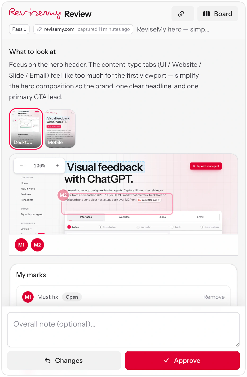 ReviseMy review — mark feedback on a capture, then approve or request changes